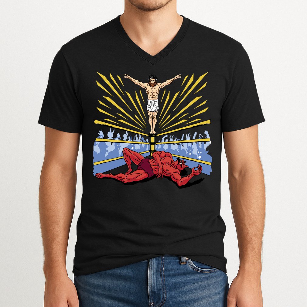 Jesus Wrestling Satan V-Neck T-Shirt