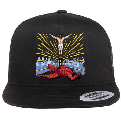 Jesus Wrestling Satan Flat Bill Trucker Hat