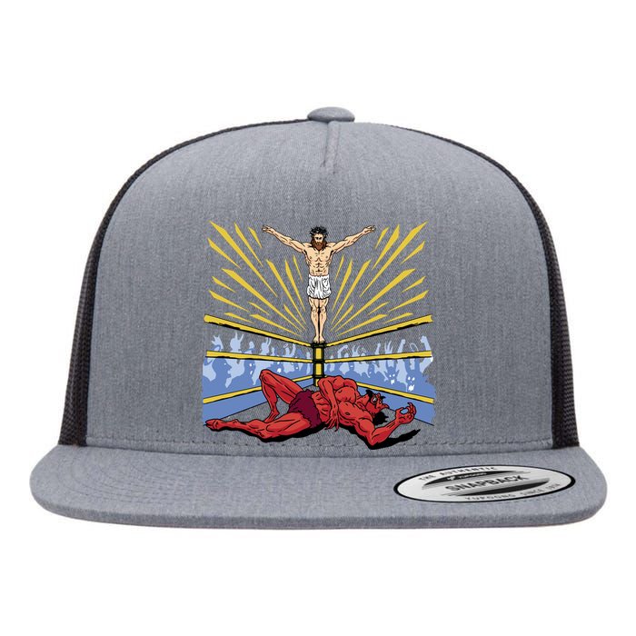 Jesus Wrestling Satan Flat Bill Trucker Hat