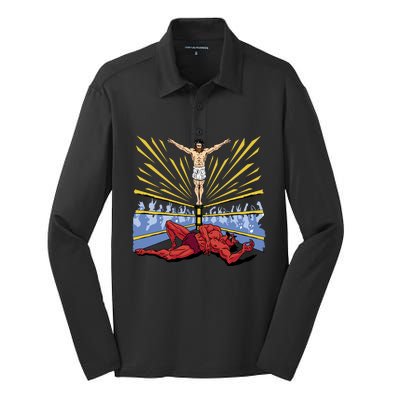 Jesus Wrestling Satan Silk Touch Performance Long Sleeve Polo