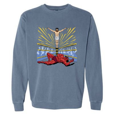 Jesus Wrestling Satan Garment-Dyed Sweatshirt