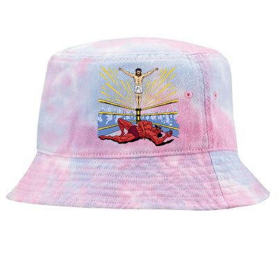 Jesus Wrestling Satan Tie-Dyed Bucket Hat