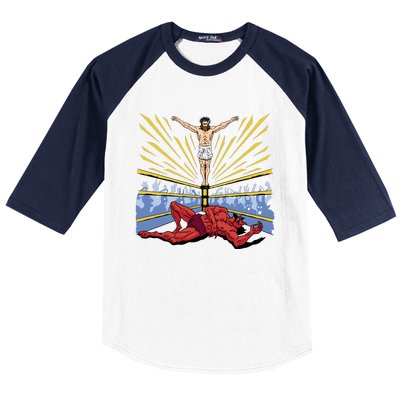 Jesus Wrestling Satan Baseball Sleeve Shirt