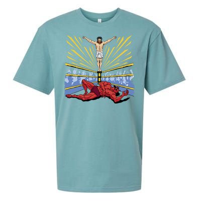 Jesus Wrestling Satan Sueded Cloud Jersey T-Shirt