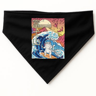 Japanese Wave Surfing Cat Art Japanese Mount Fuji Sunset USA-Made Doggie Bandana