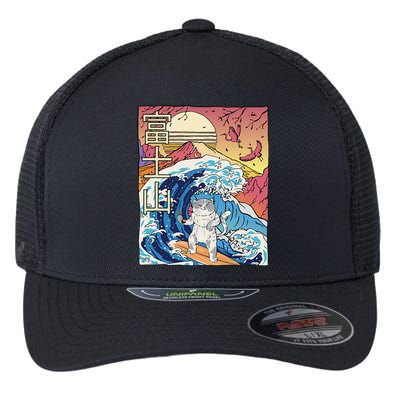 Japanese Wave Surfing Cat Art Japanese Mount Fuji Sunset Flexfit Unipanel Trucker Cap