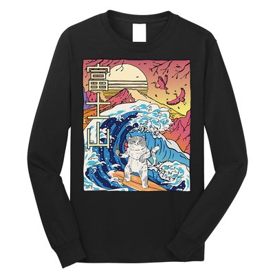 Japanese Wave Surfing Cat Art Japanese Mount Fuji Sunset Long Sleeve Shirt