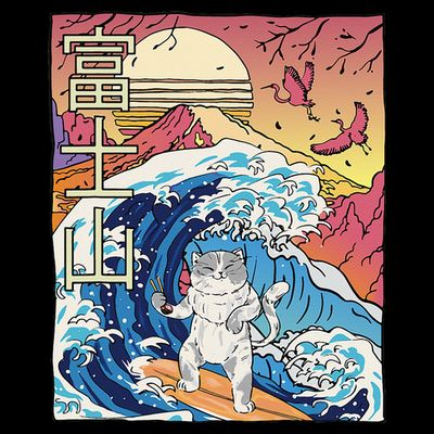 Japanese Wave Surfing Cat Art Japanese Mount Fuji Sunset T-Shirt
