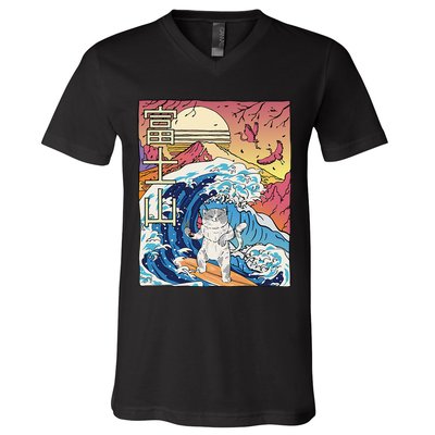 Japanese Wave Surfing Cat Art Japanese Mount Fuji Sunset V-Neck T-Shirt