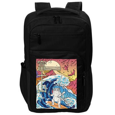 Japanese Wave Surfing Cat Art Japanese Mount Fuji Sunset Impact Tech Backpack