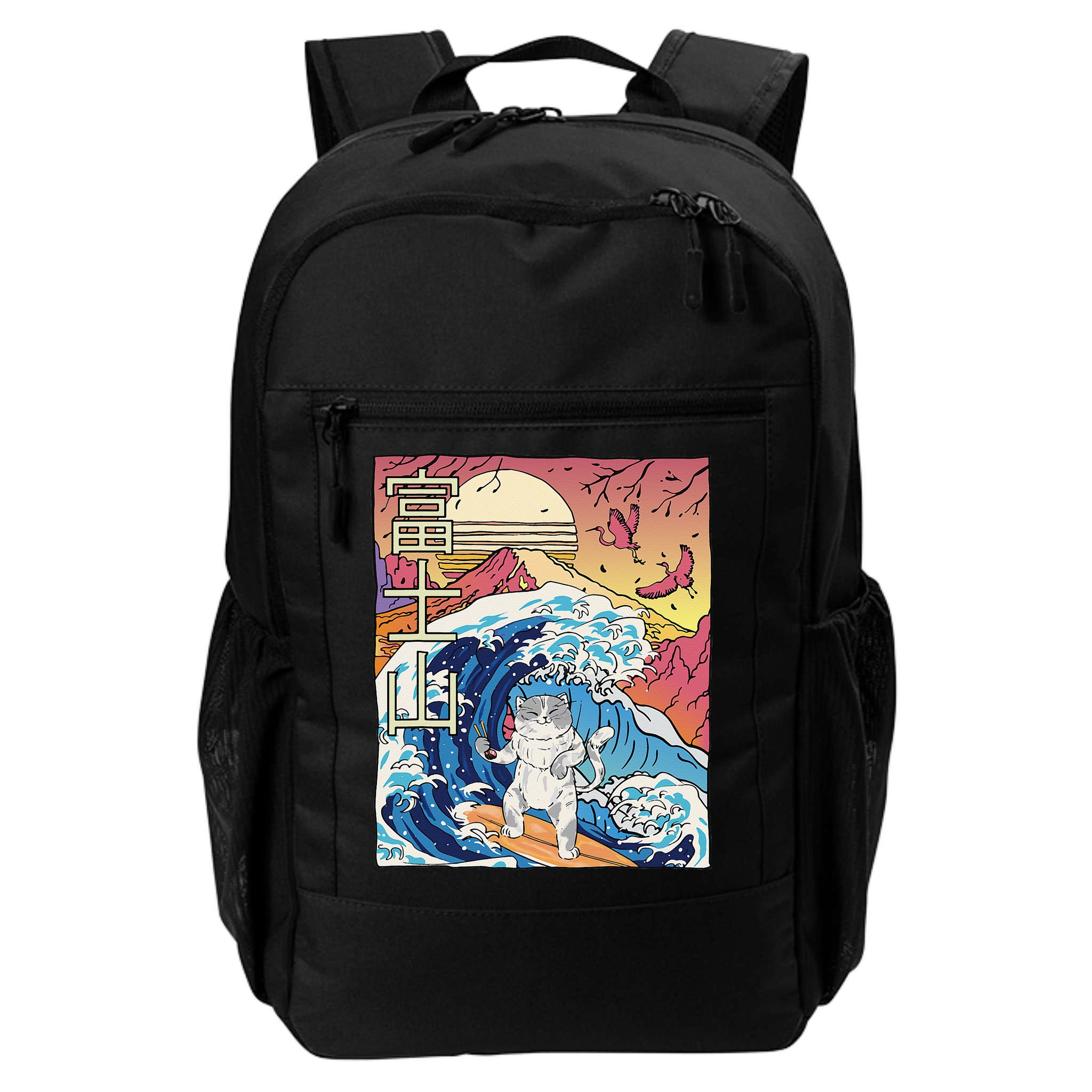Japanese Wave Surfing Cat Art Japanese Mount Fuji Sunset Backpack