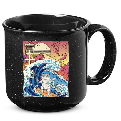 Japanese Wave Surfing Cat Art Japanese Mount Fuji Sunset 15oz Campfire Ceramic Mug