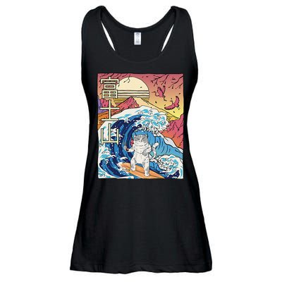 Japanese Wave Surfing Cat Art Japanese Mount Fuji Sunset Ladies Essential Flowy Tank
