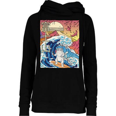Japanese Wave Surfing Cat Art Japanese Mount Fuji Sunset Womens Funnel Neck Pullover Hood