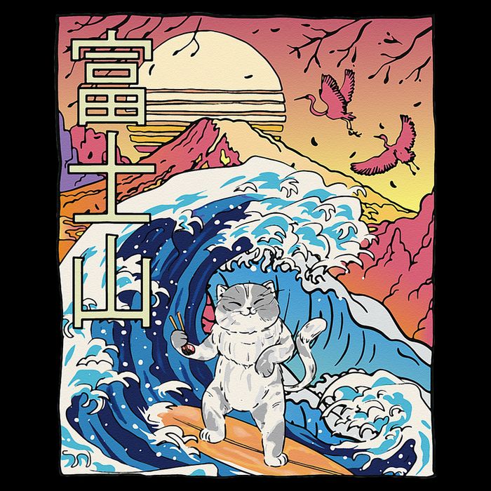 Japanese Wave Surfing Cat Art Japanese Mount Fuji Sunset 16 in Basic Backpack