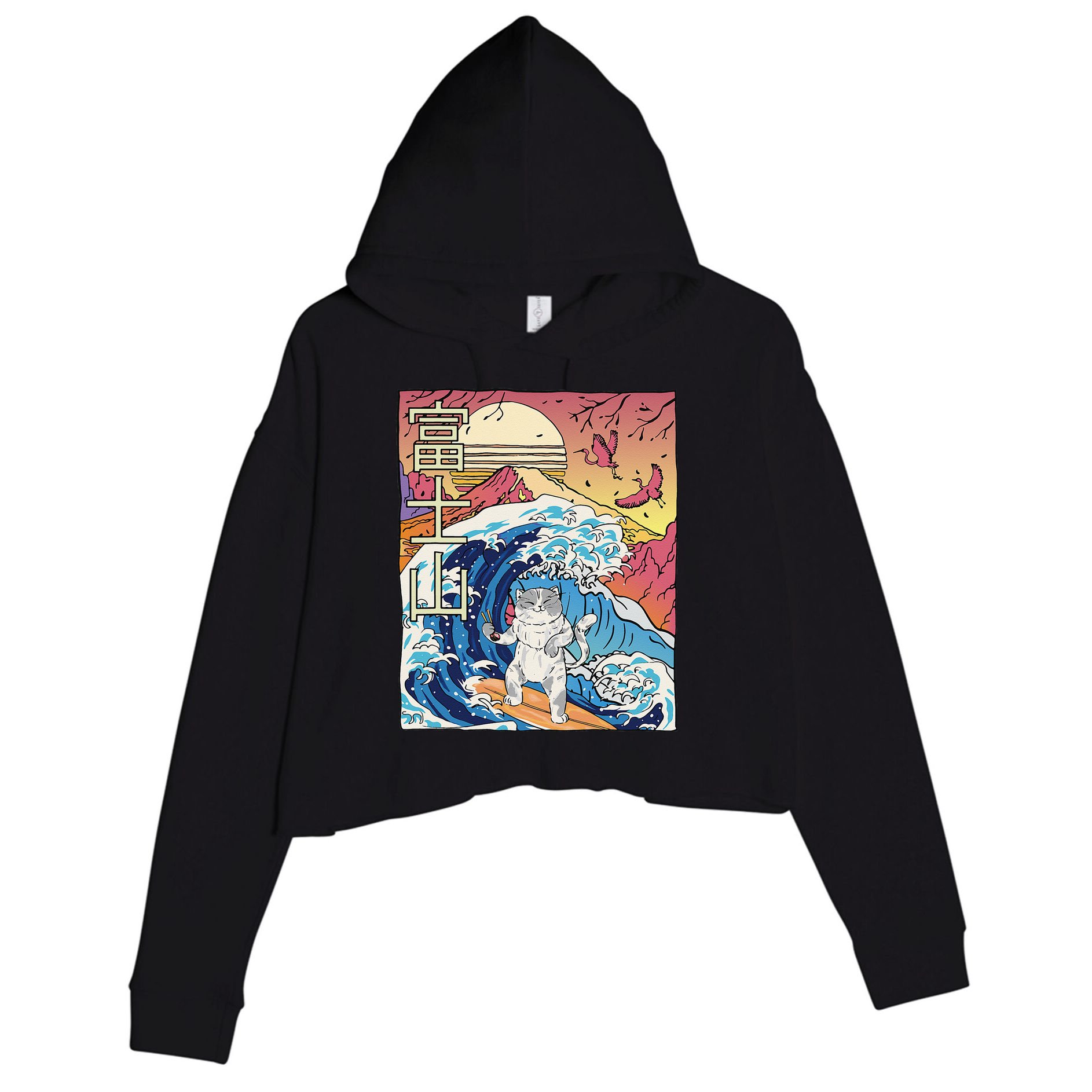 Japanese Wave Surfing Cat Art Japanese Mount Fuji Sunset Crop Fleece Hoodie