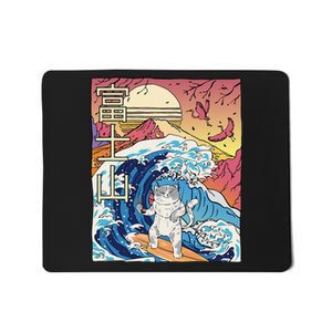 Japanese Wave Surfing Cat Art Japanese Mount Fuji Sunset Mousepad