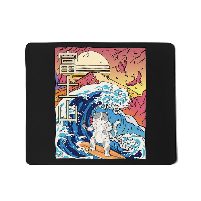 Japanese Wave Surfing Cat Art Japanese Mount Fuji Sunset Mousepad