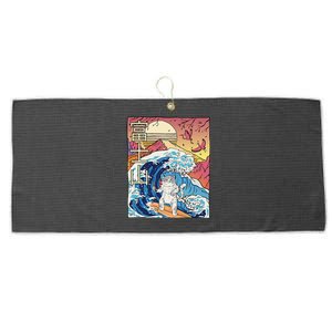 Japanese Wave Surfing Cat Art Japanese Mount Fuji Sunset Large Microfiber Waffle Golf Towel