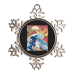 Japanese Wave Surfing Cat Art Japanese Mount Fuji Sunset Metallic Star Ornament