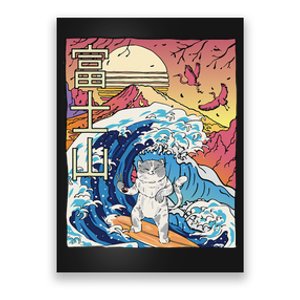 Japanese Wave Surfing Cat Art Japanese Mount Fuji Sunset Poster