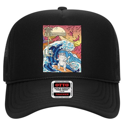 Japanese Wave Surfing Cat Art Japanese Mount Fuji Sunset Trucker Hat