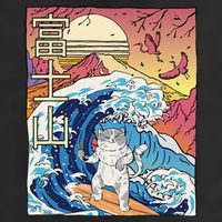 Japanese Wave Surfing Cat Art Japanese Mount Fuji Sunset Hat