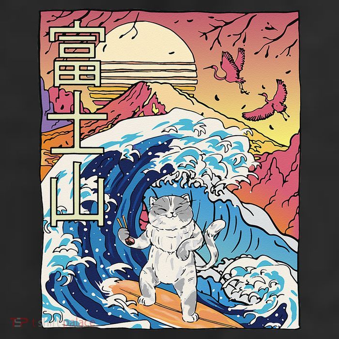 Japanese Wave Surfing Cat Art Japanese Mount Fuji Sunset Hat