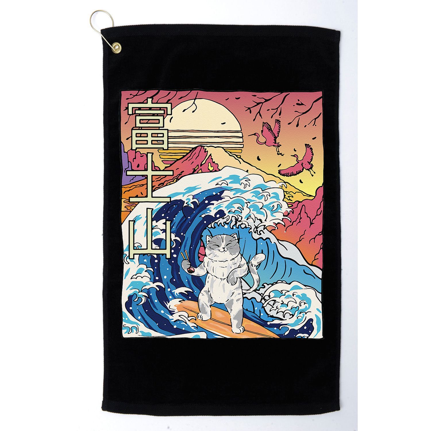 Japanese Wave Surfing Cat Art Japanese Mount Fuji Sunset Golf Towel