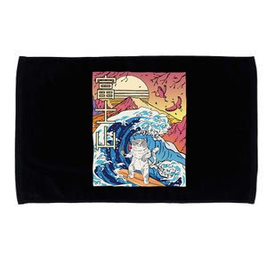 Japanese Wave Surfing Cat Art Japanese Mount Fuji Sunset Microfiber Hand Towel