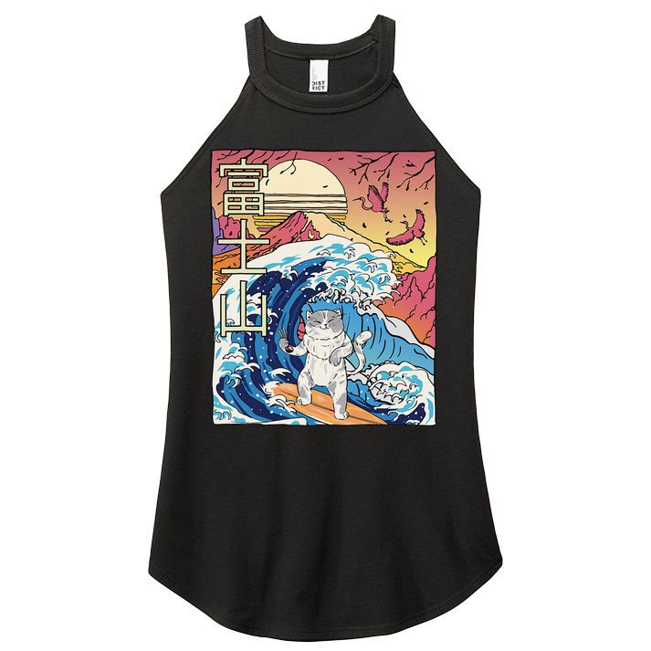 Japanese Wave Surfing Cat Art Japanese Mount Fuji Sunset Women's Perfect Tri Rocker Tank