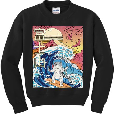 Japanese Wave Surfing Cat Art Japanese Mount Fuji Sunset Kids Sweatshirt