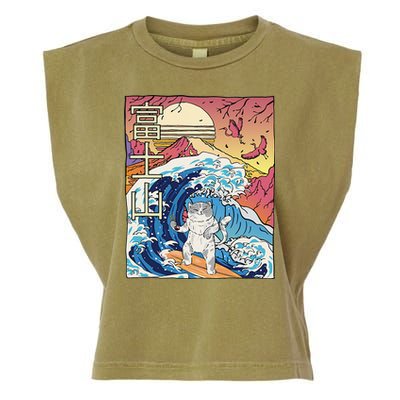 Japanese Wave Surfing Cat Art Japanese Mount Fuji Sunset Garment-Dyed Women's Muscle Tee