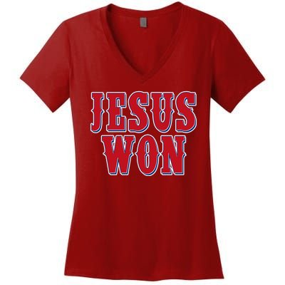 Jesus Won Texas Baseball Fan Women's V-Neck T-Shirt