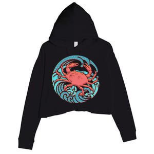 Japanese Water Wave Crab Crop Fleece Hoodie