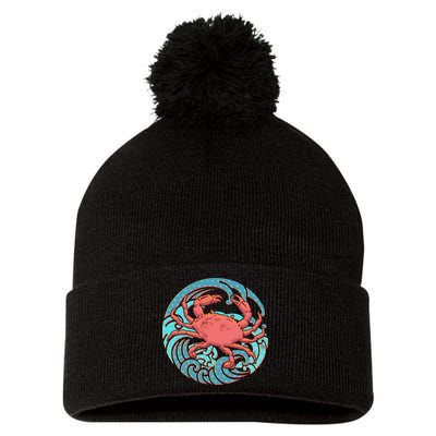Japanese Water Wave Crab Pom Pom 12in Knit Beanie