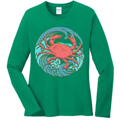 Japanese Water Wave Crab Ladies Long Sleeve Shirt