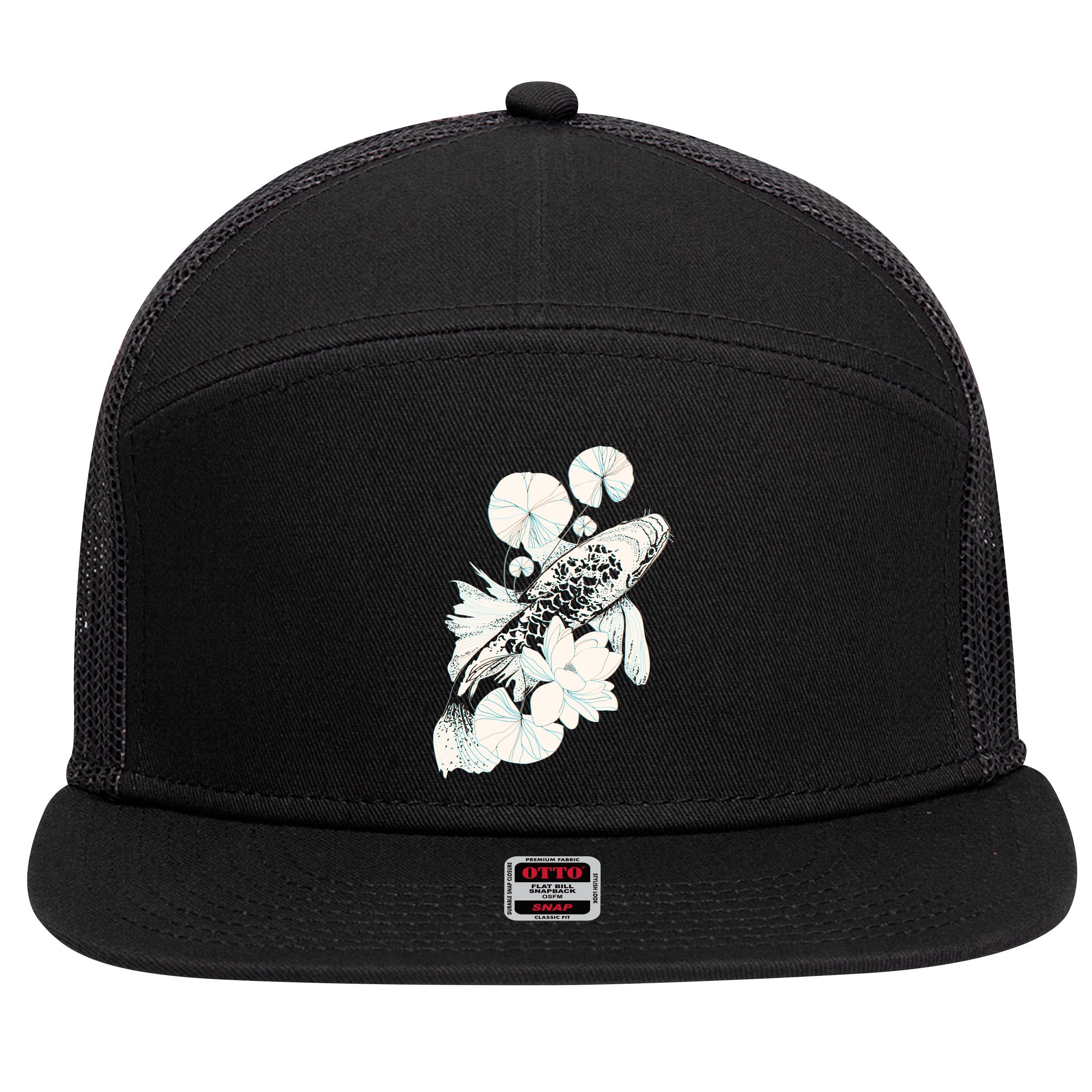 Japanese Zen Koi Fish Pond 7 Panel Mesh Trucker Snapback Hat