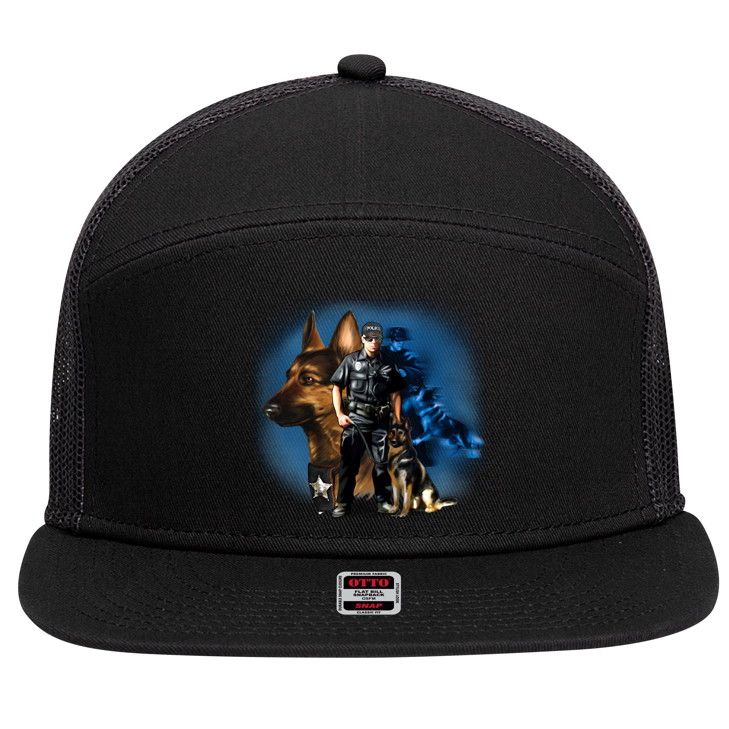 K-9 With Police Officer Silhouette  7 Panel Mesh Trucker Snapback Hat