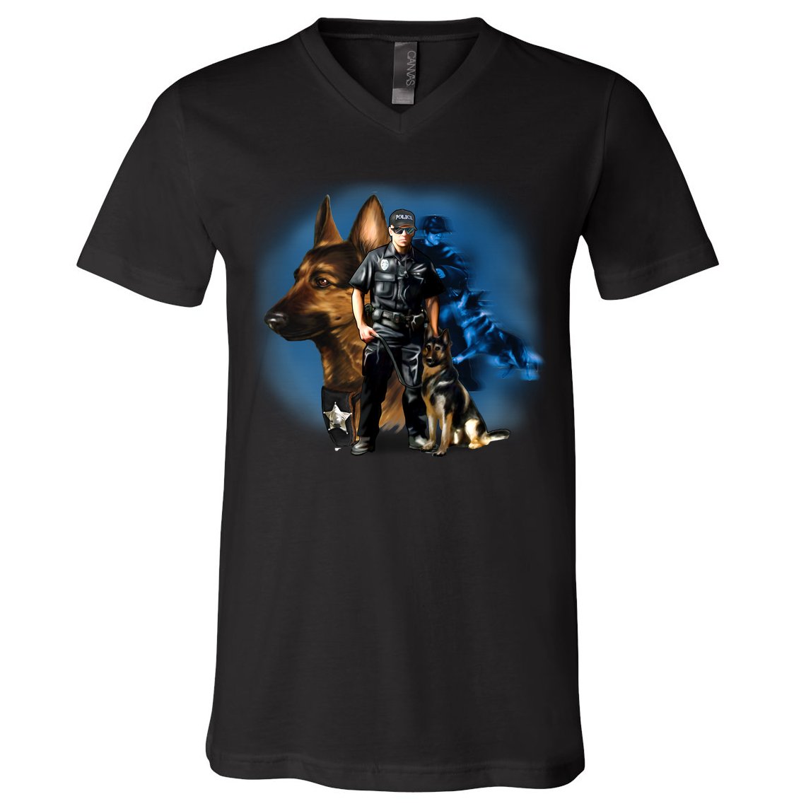 K-9 With Police Officer Silhouette  V-Neck T-Shirt