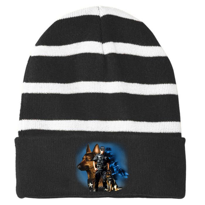 K-9 With Police Officer Silhouette  Striped Beanie with Solid Band