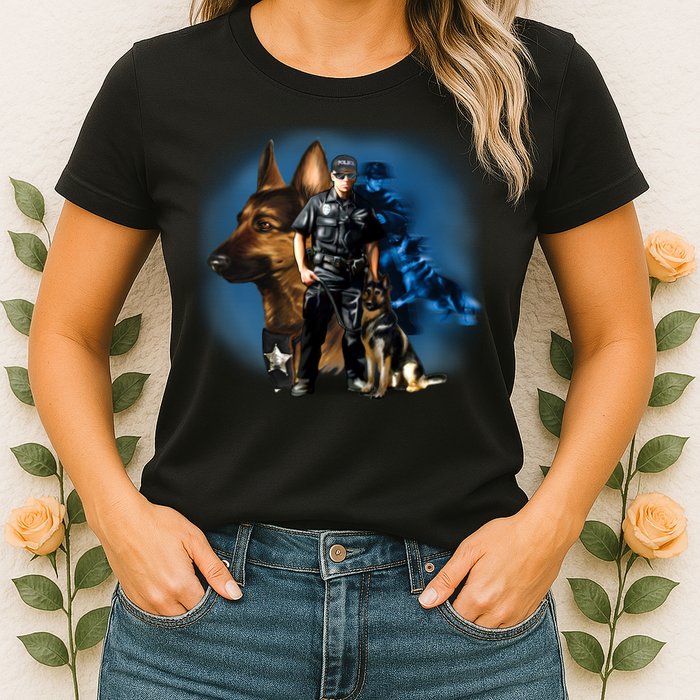 K-9 With Police Officer Silhouette  Womens T-Shirt