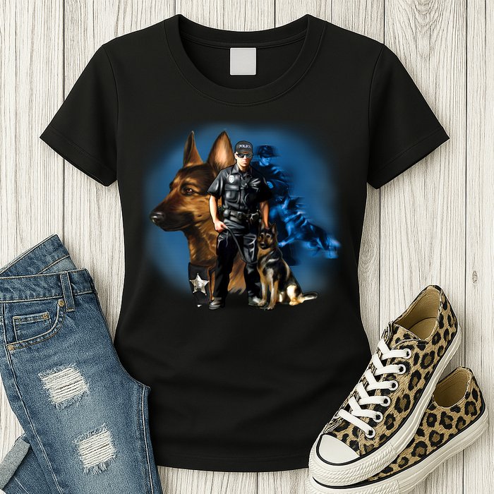 K-9 With Police Officer Silhouette  Womens T-Shirt