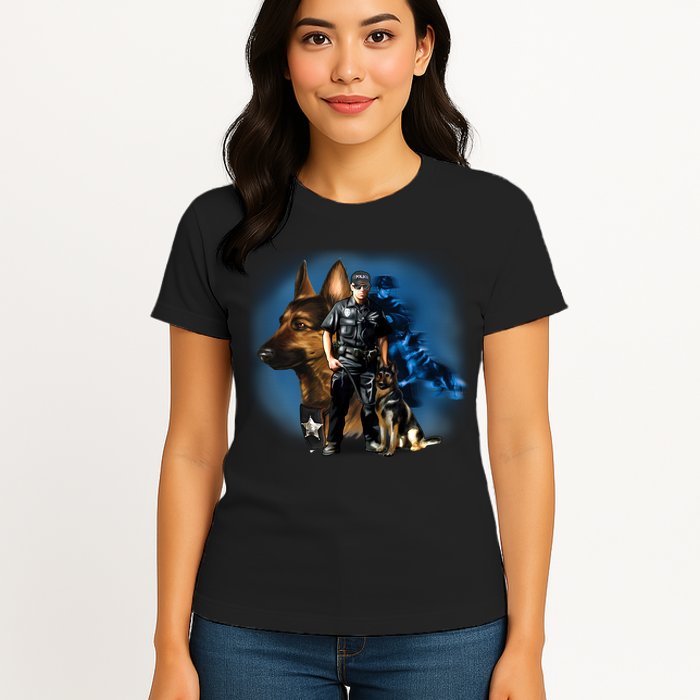 K-9 With Police Officer Silhouette  Womens T-Shirt