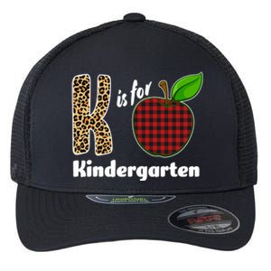 K Is For Kindergarten Teacher Leopard Buffalo Plaid Flexfit Unipanel Trucker Cap