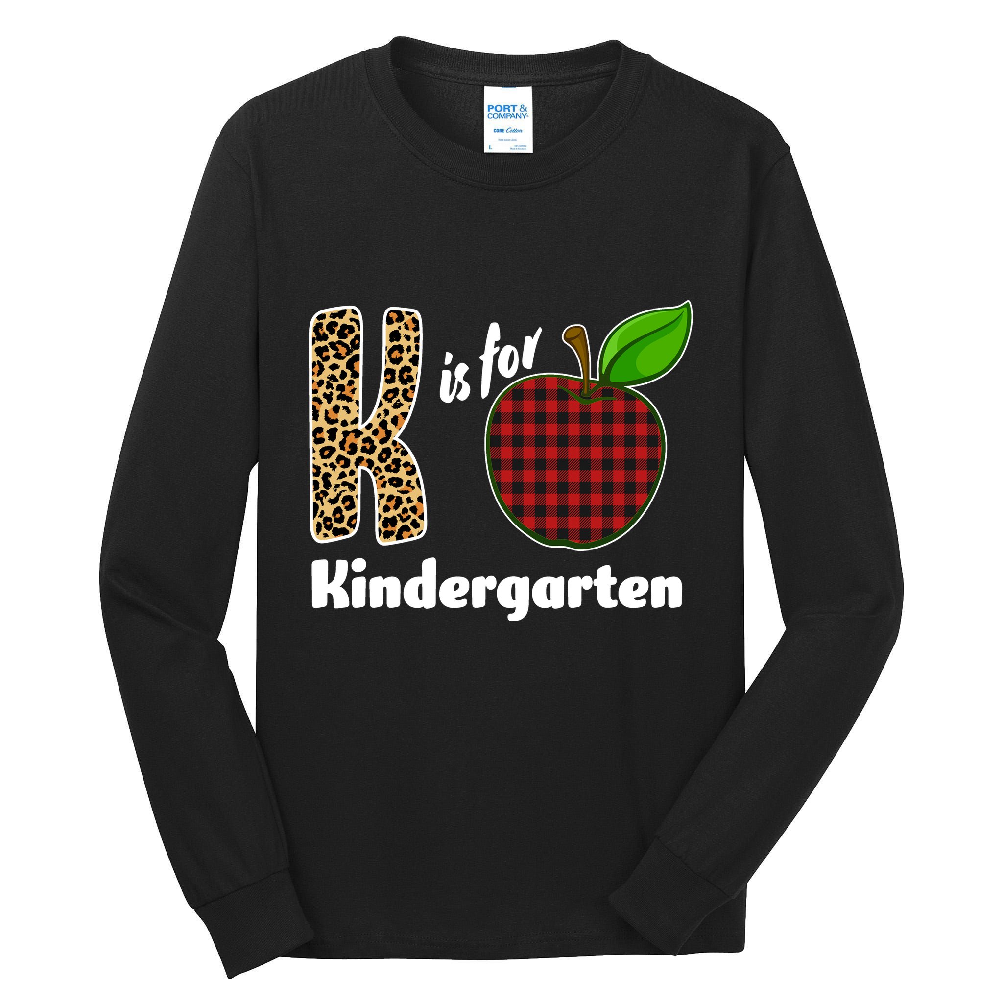 K Is For Kindergarten Teacher Leopard Buffalo Plaid Tall Long Sleeve T-Shirt