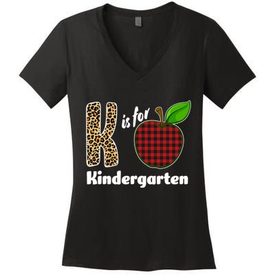 K Is For Kindergarten Teacher Leopard Buffalo Plaid Women's V-Neck T-Shirt