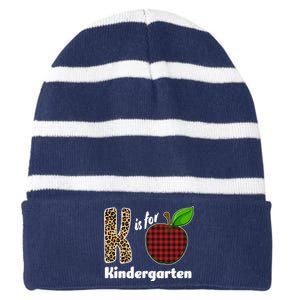 K Is For Kindergarten Teacher Leopard Buffalo Plaid Striped Beanie with Solid Band