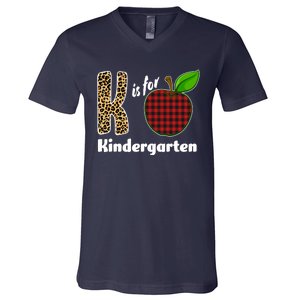 K Is For Kindergarten Teacher Leopard Buffalo Plaid V-Neck T-Shirt