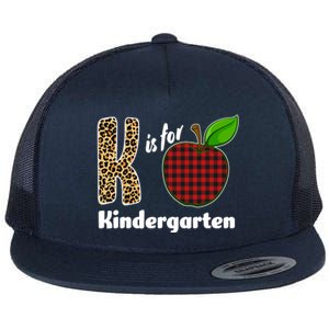 K Is For Kindergarten Teacher Leopard Buffalo Plaid Flat Bill Trucker Hat